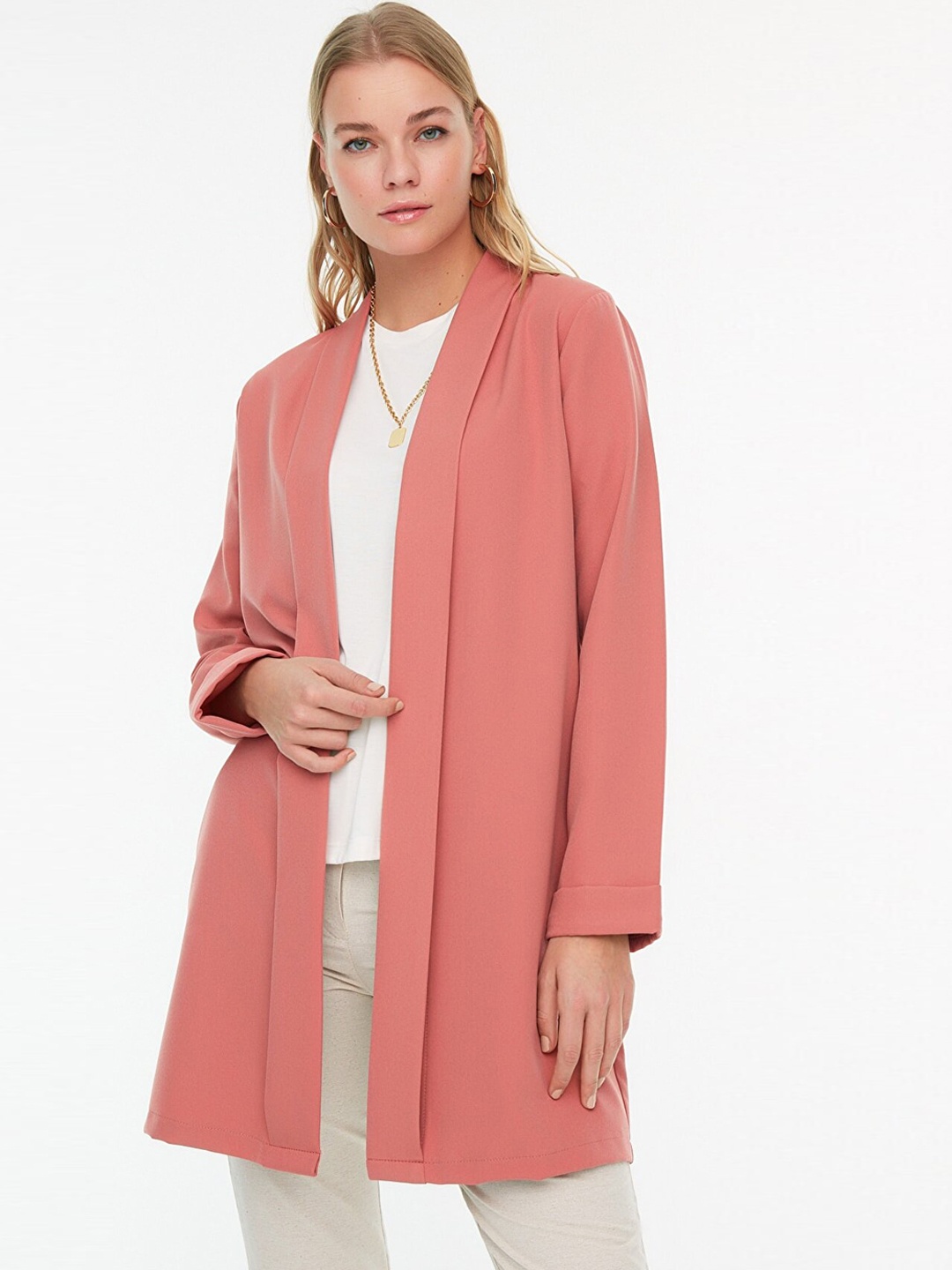 

Trendyol Women Peach-Coloured Longline Open Front Jacket