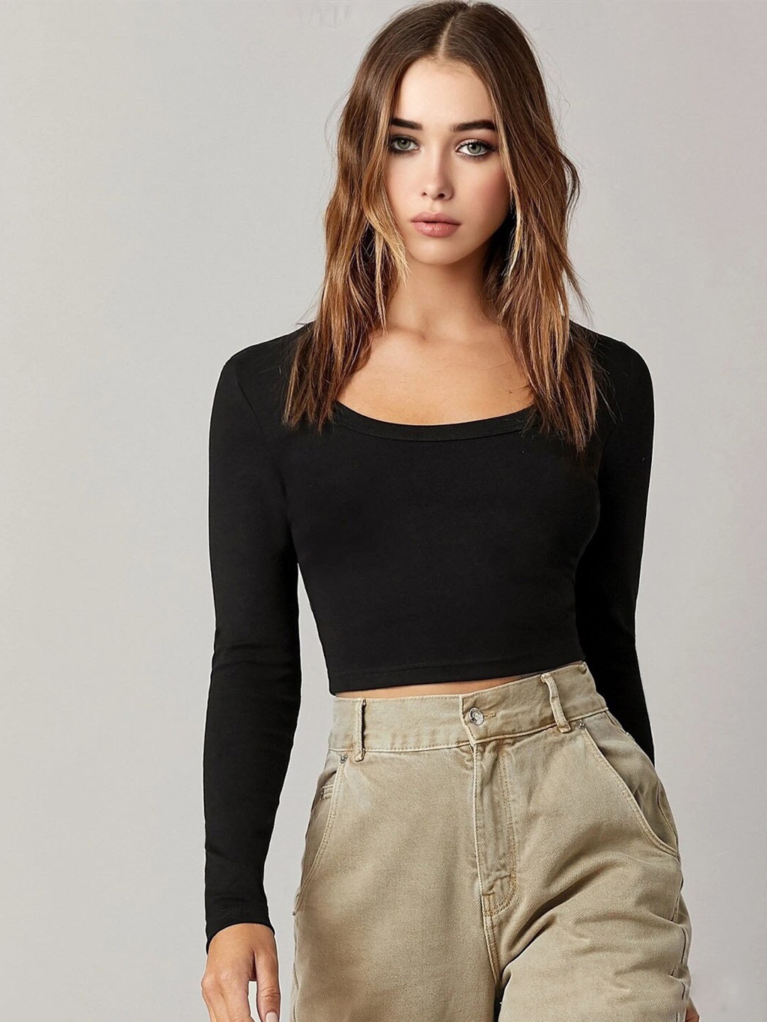 

Lagashi Women Black Scoop Neck Full Sleeves Top