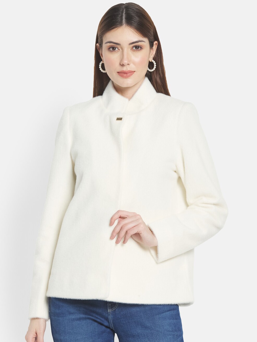 

METTLE Women White Solid Cotton Overcoat