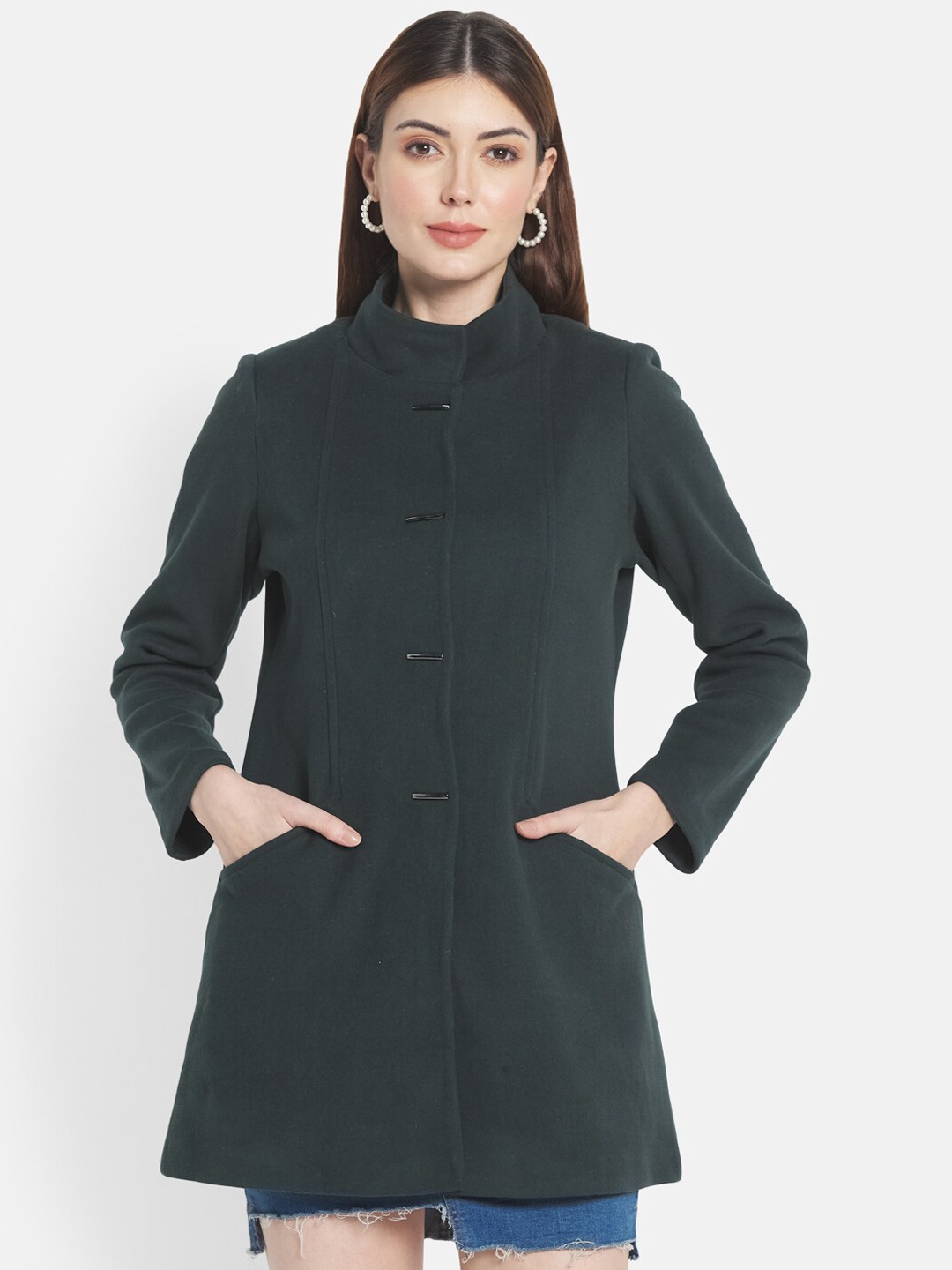 

Mettle Women Green Solid Single-Breasted Cotton Trench Coat