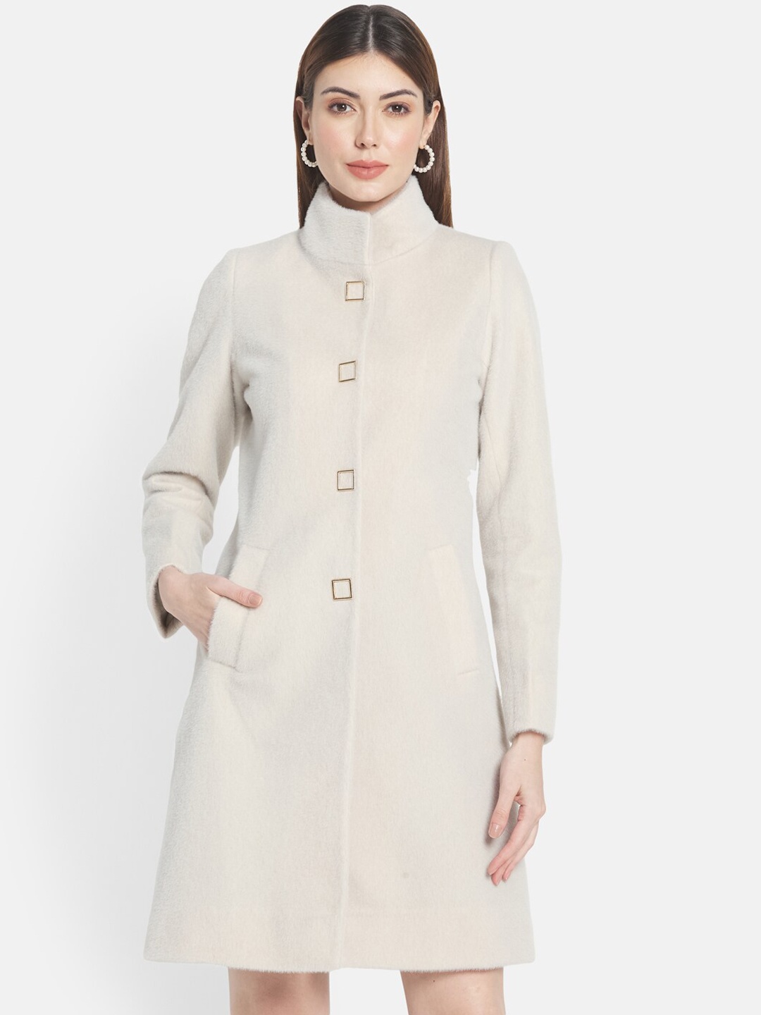 

METTLE Women Cream-Colored Solid Cotton Overcoat