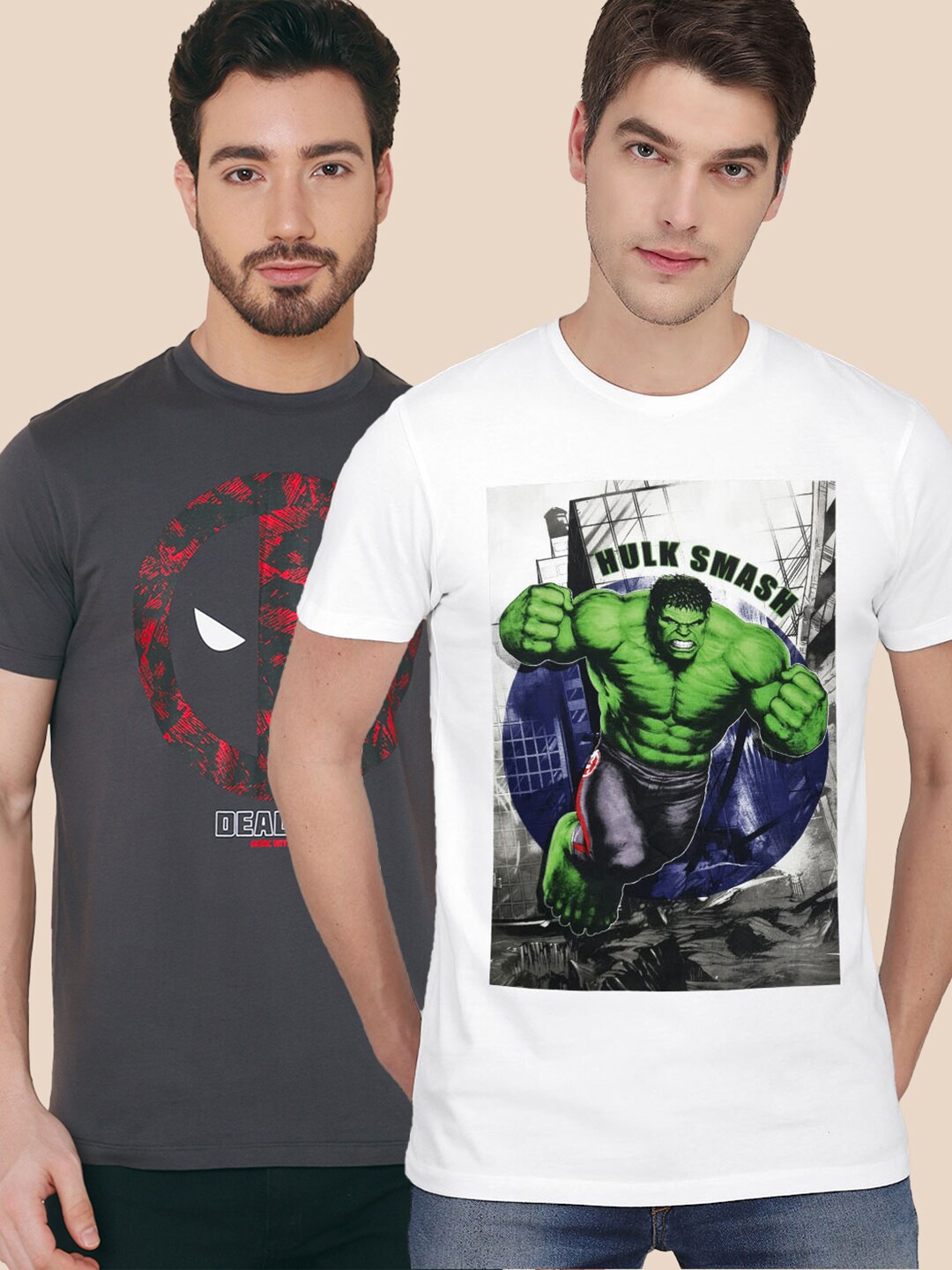 

Free Authority Men Pack Of 2 Grey & White Marvel Comic Printed Cotton T-shirts