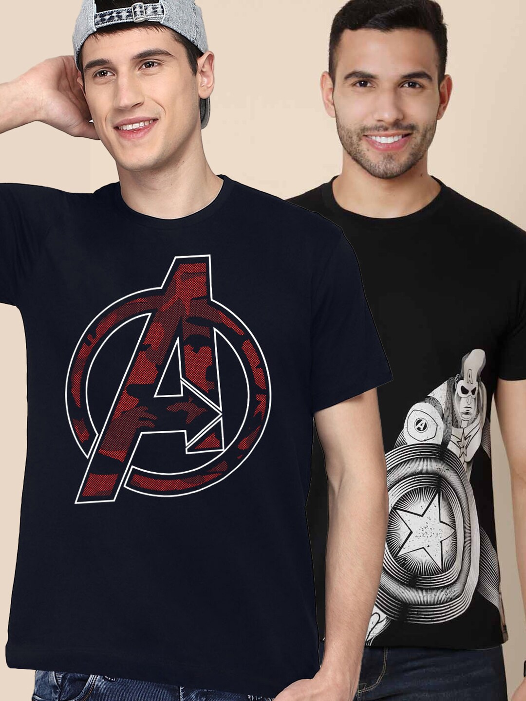 

Free Authority Men Navy Blue & Black Pack Of 2 Marvel Printed Cotton T-shirts