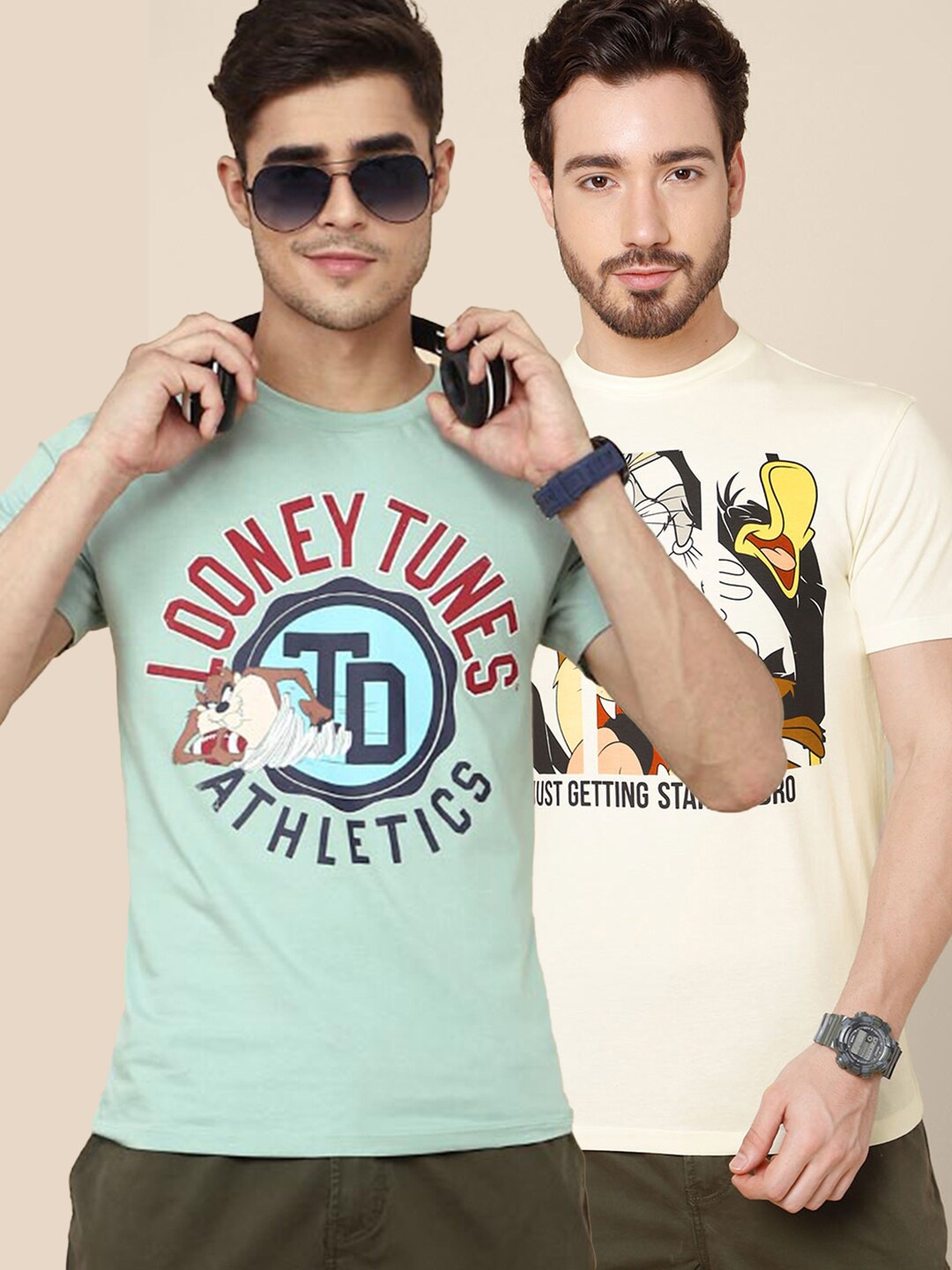 

Free Authority Men Pack of 2 Looney Tunes Print Cotton T-shirts, Green