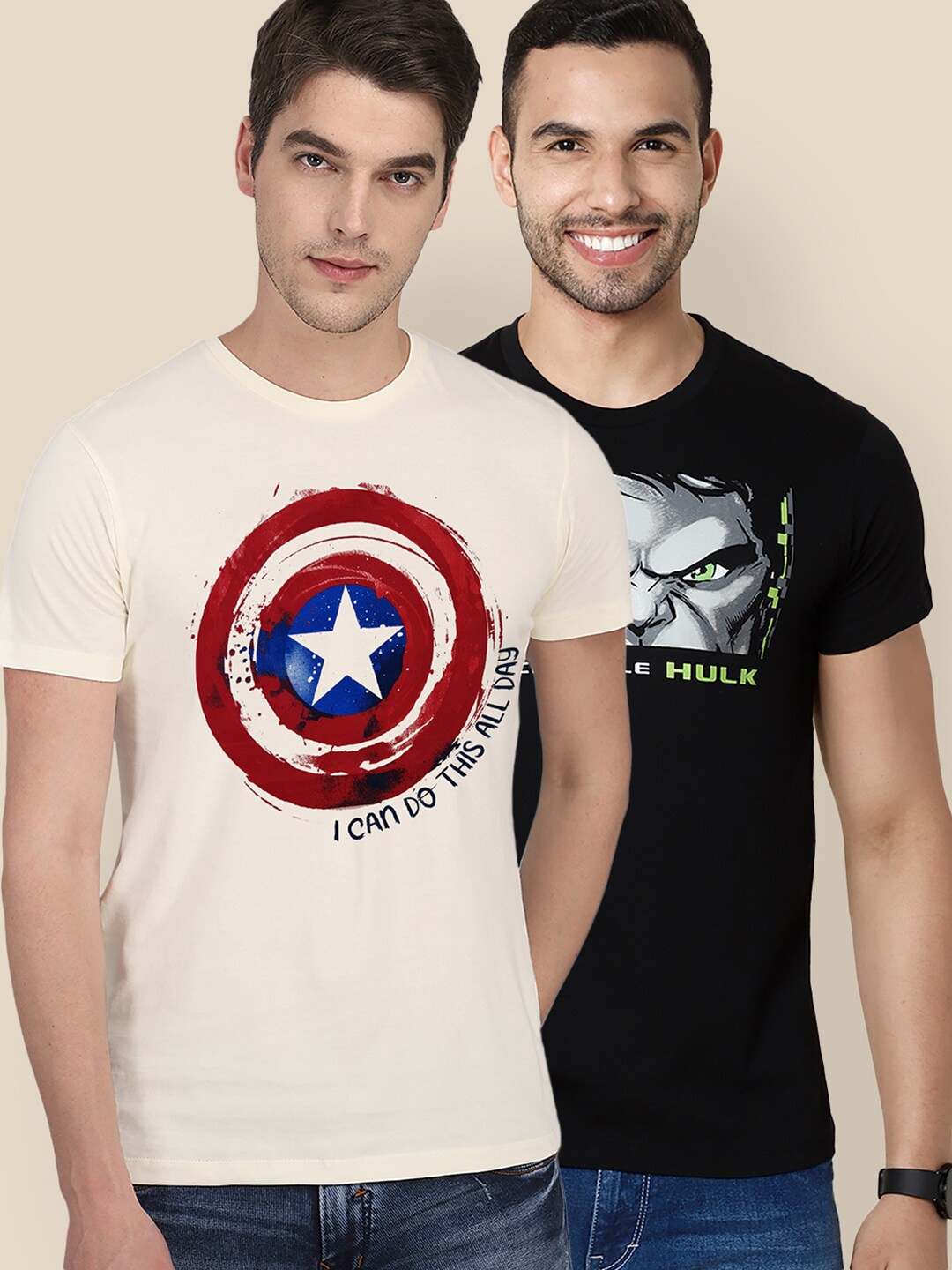 

Free Authority Men Pack of 2 Marvel Print Cotton T-shirts, Off white