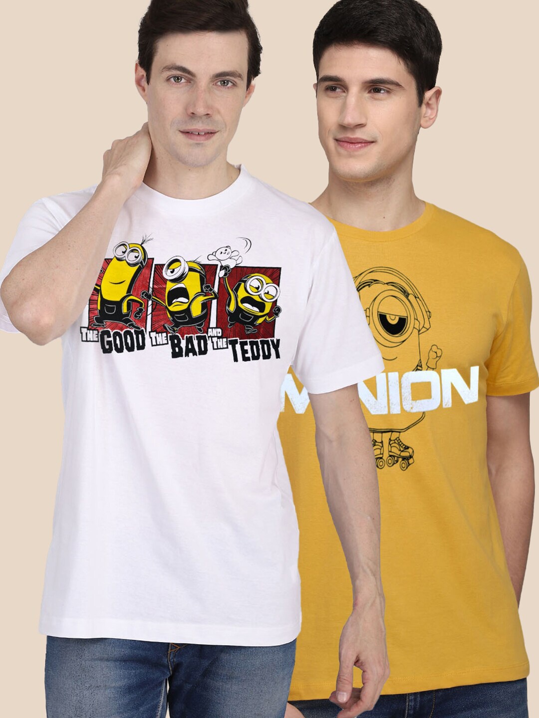 

Free Authority Men Pack Of 2 Mustard & White Minions Printed T-shirts
