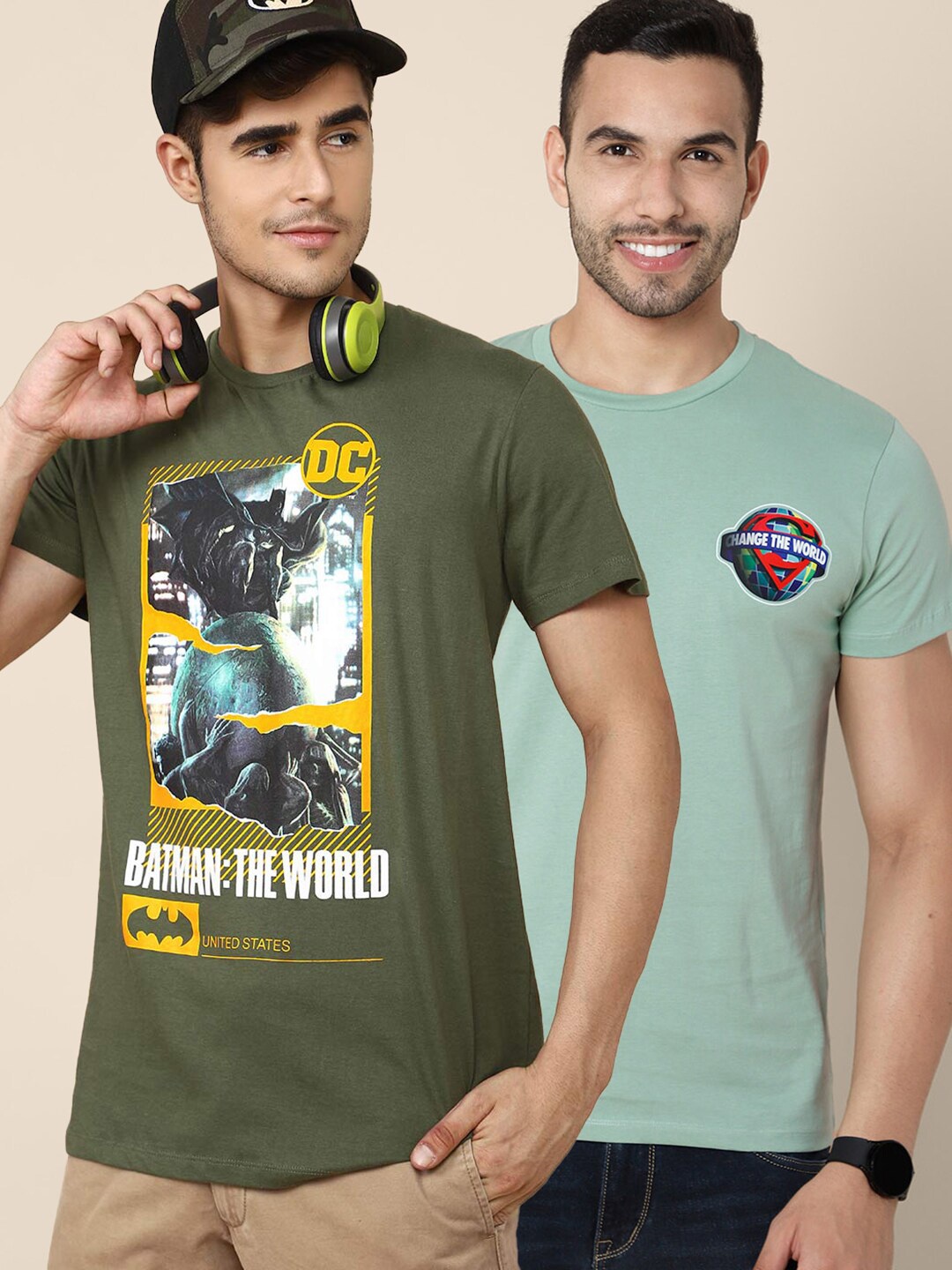 

Free Authority Men Pack of 2 DC Comic Print Cotton T-shirts, Olive