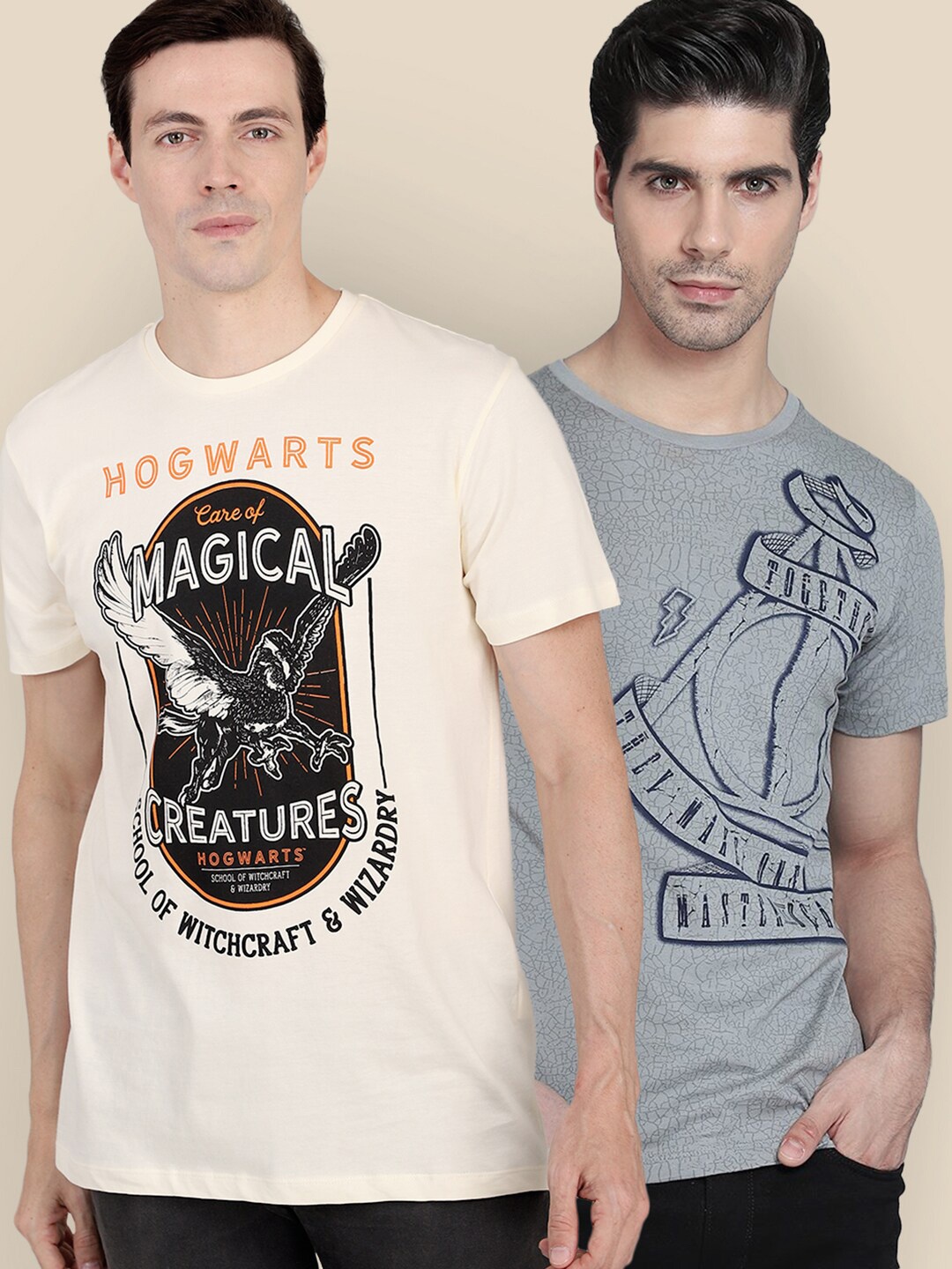 

Free Authority Men Cream & Grey Pack Of 2 Harry Potter Printed Cotton T-shirts