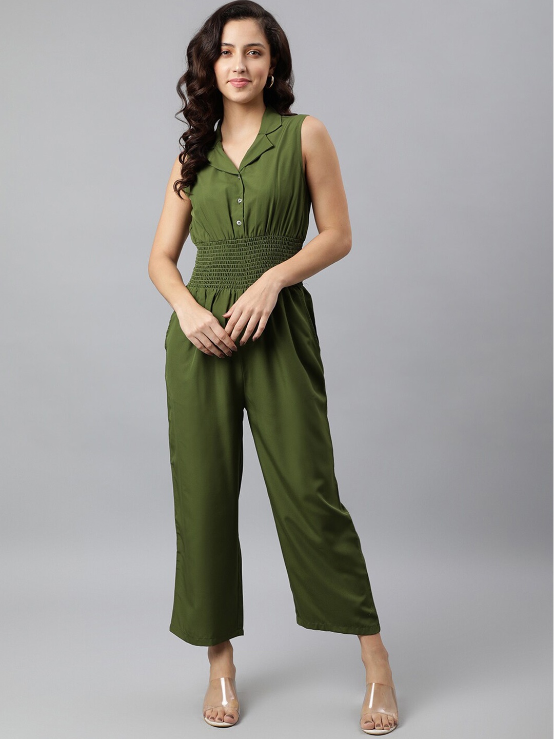 

DEEBACO Women Olive Green Solid Culotte Jumpsuit