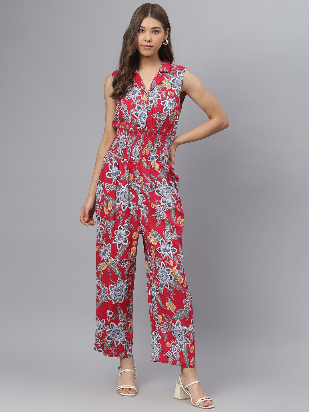 

DEEBACO Red & Blue Printed Culotte Jumpsuit