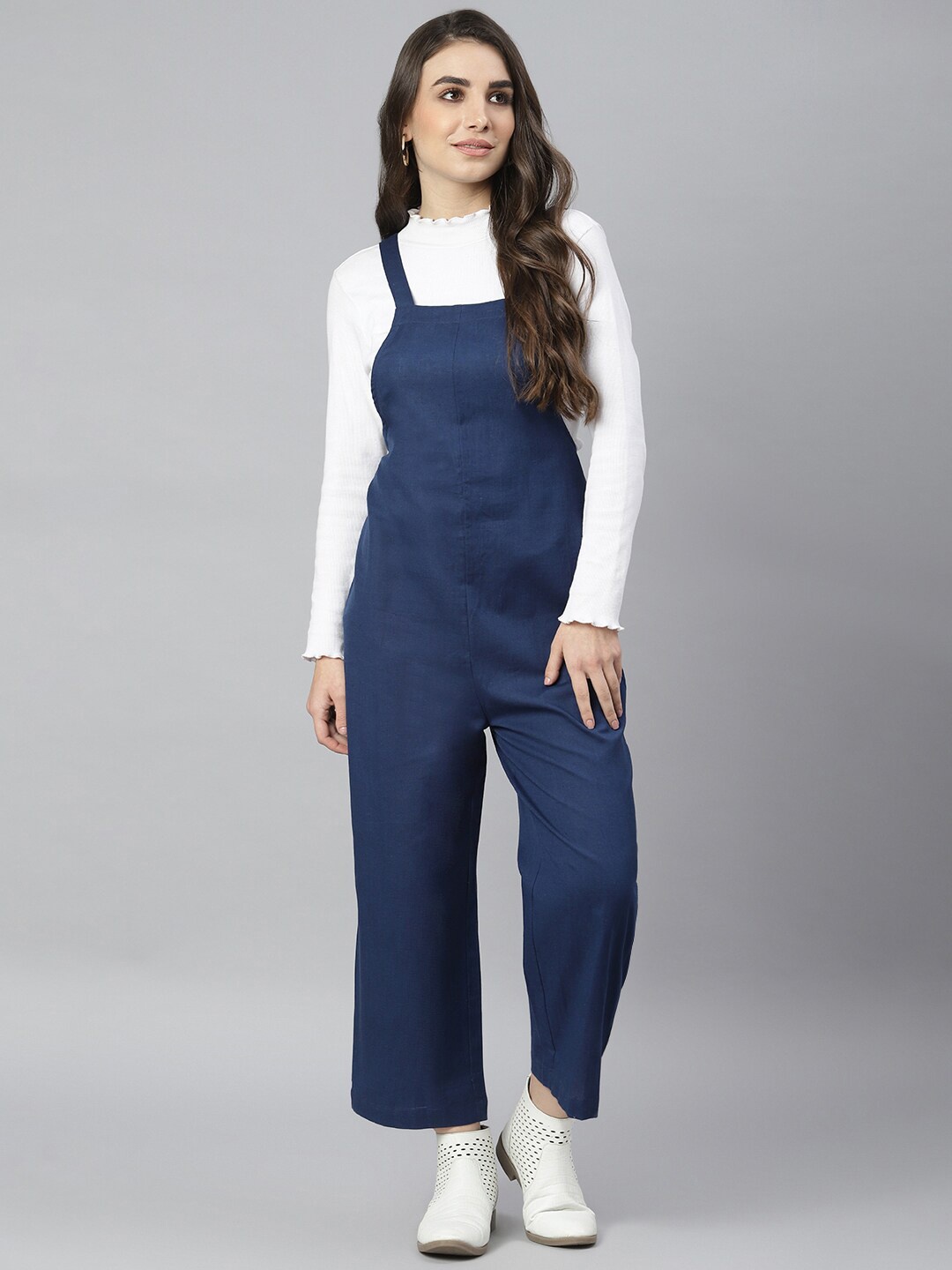 

DEEBACO Navy Blue & White Cotton Basic Jumpsuit