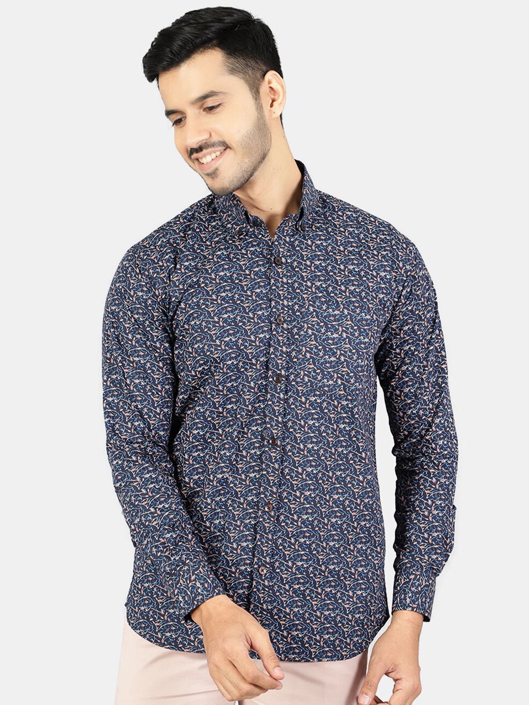 

Wintage Men Navy Blue Classic Floral Printed Pure Cotton Casual Shirt