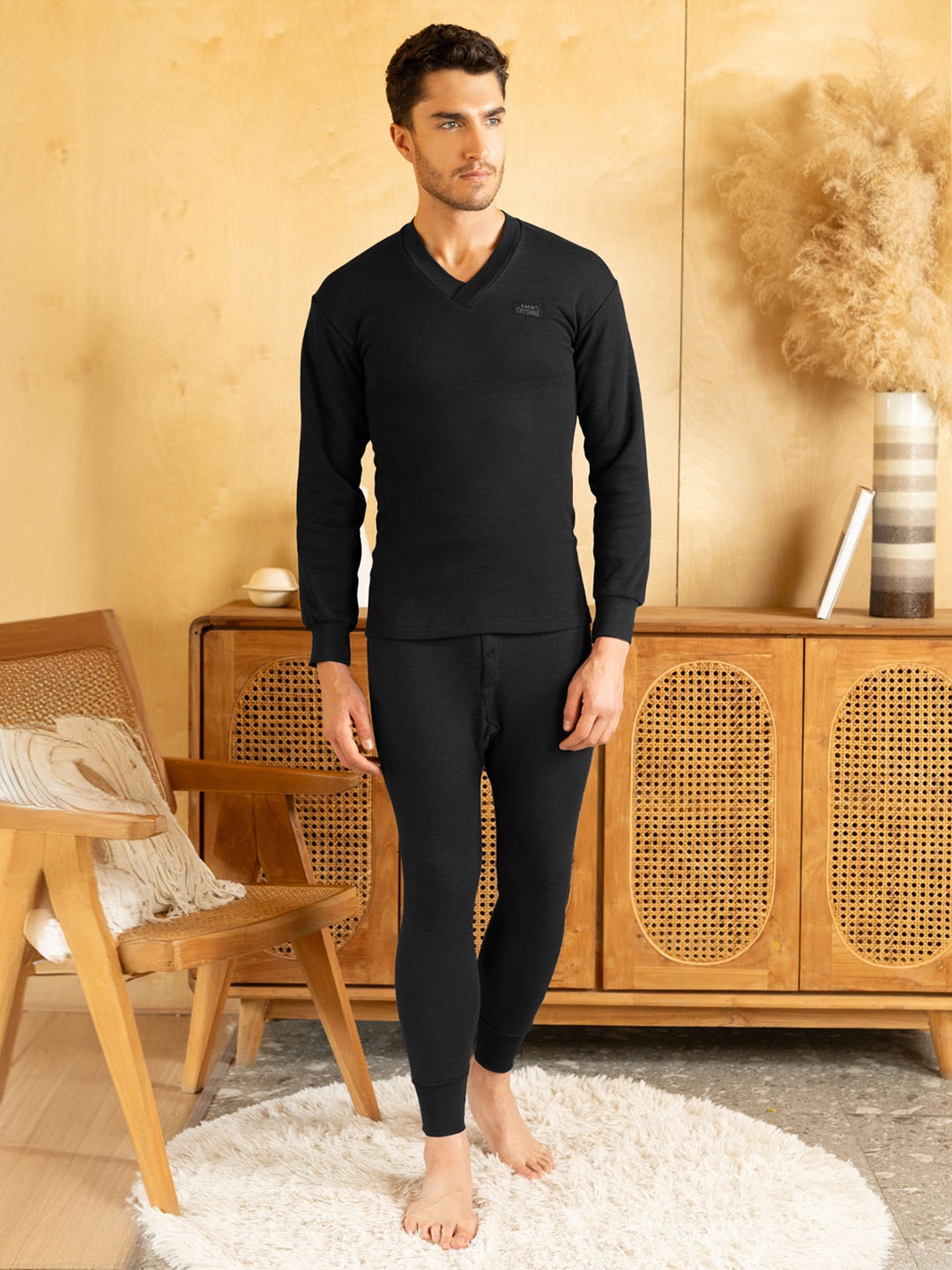 

Lux Cottswool Men Plus Size Black Solid Cotton Thermal Set