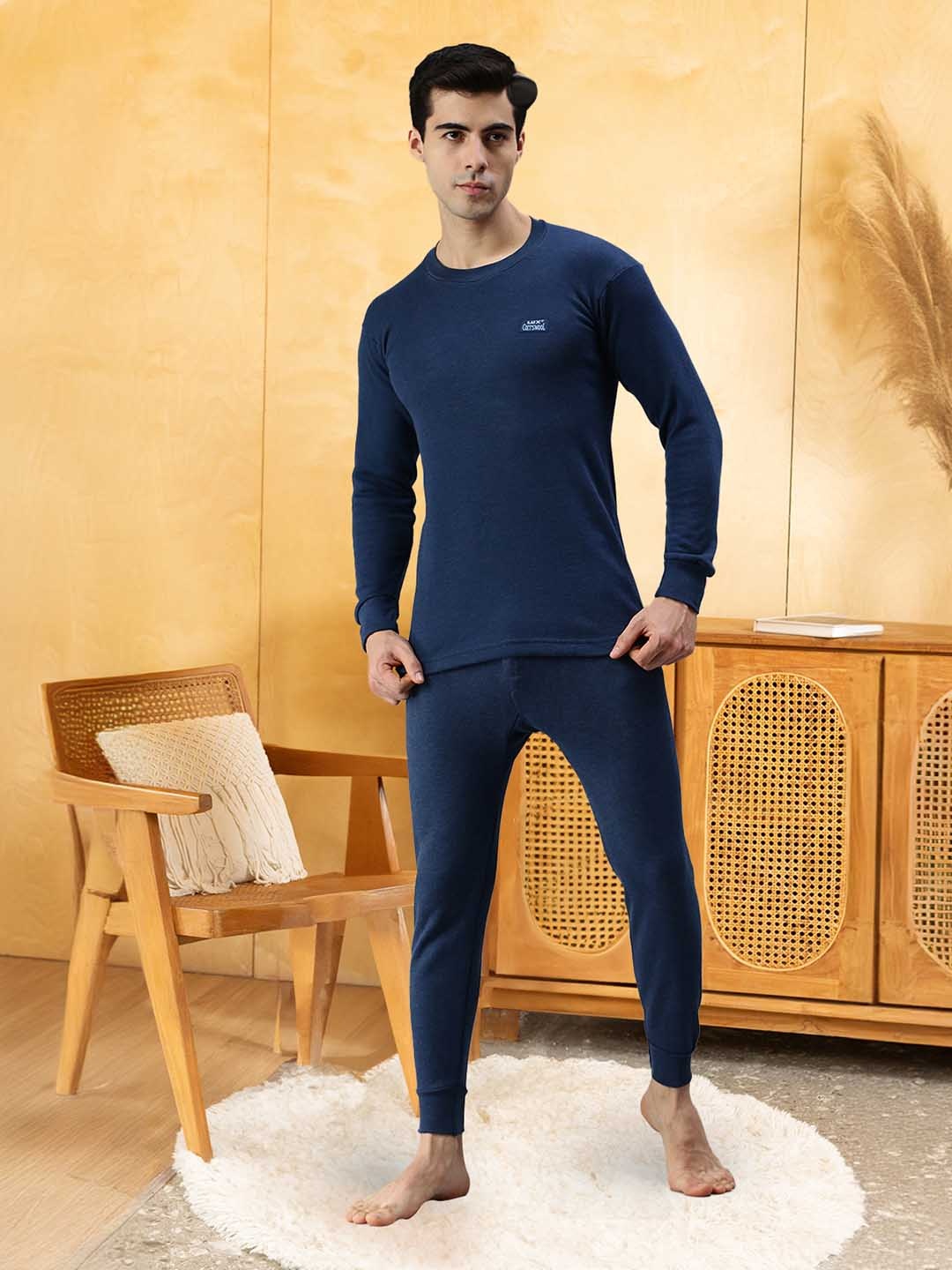 

Lux Cottswool Men Blue Solid Cotton Thermal Set