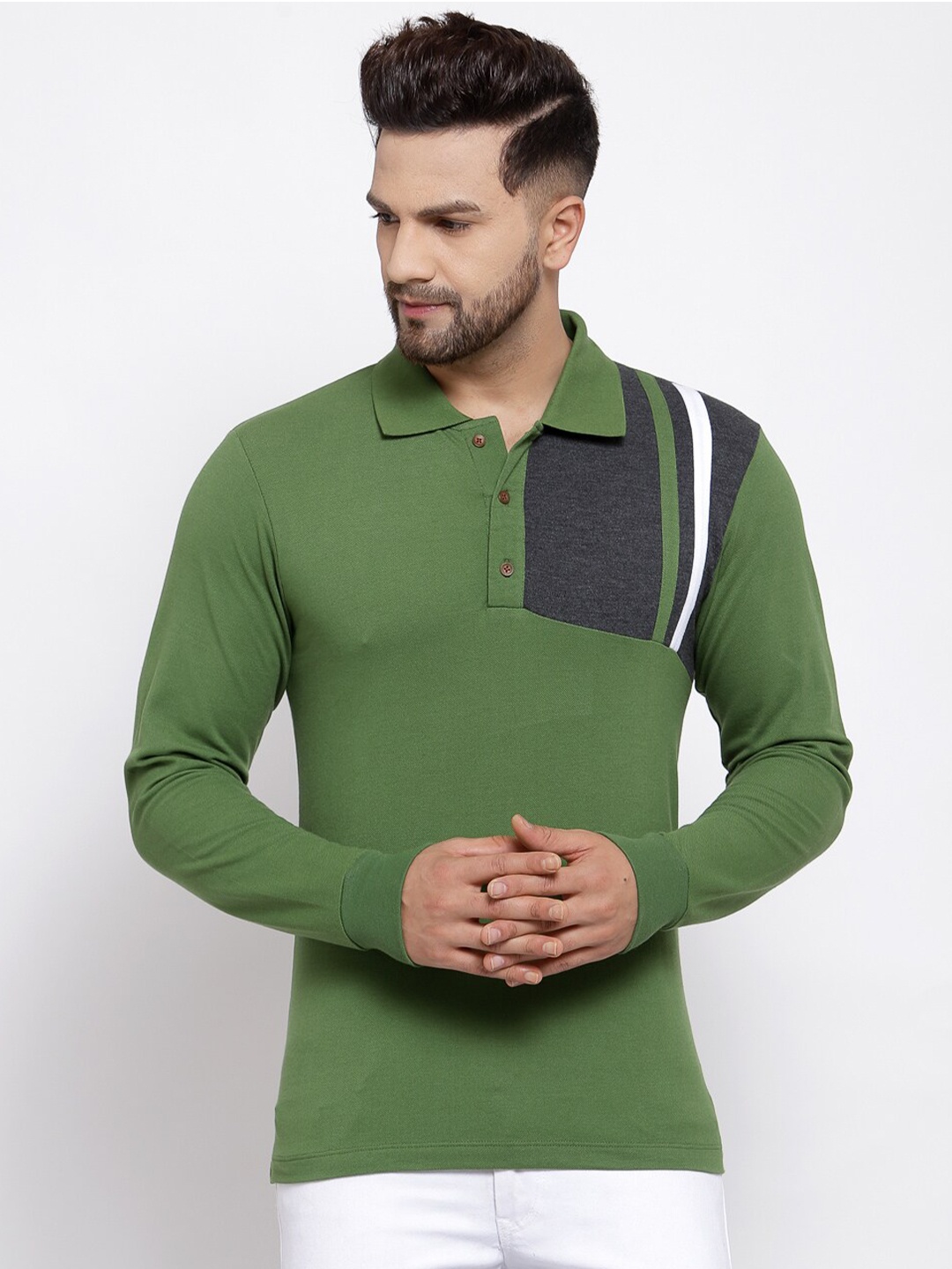 

Kalt Men Green Polo Collar Cotton T-shirt