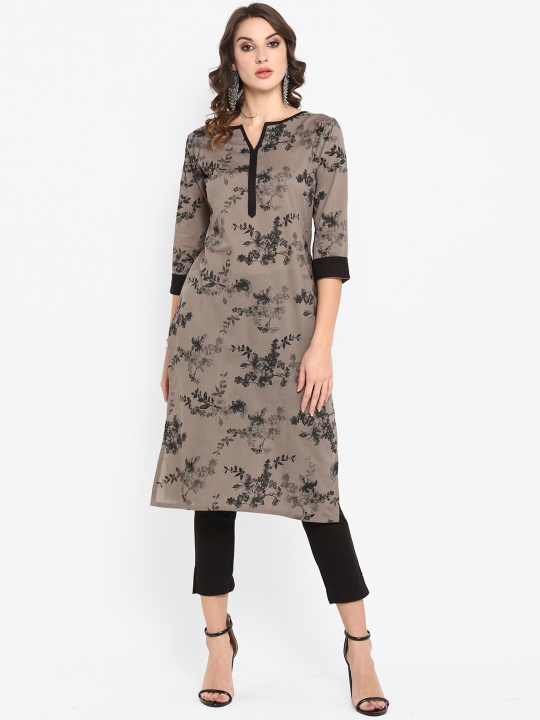 

Janasya Women Grey Cotton Floral Print Straight Kurta