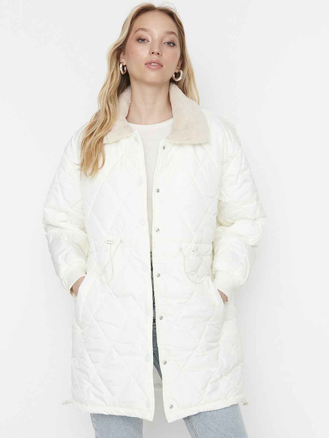 

Trendyol Women Off-White Solid Longline Padded Coats