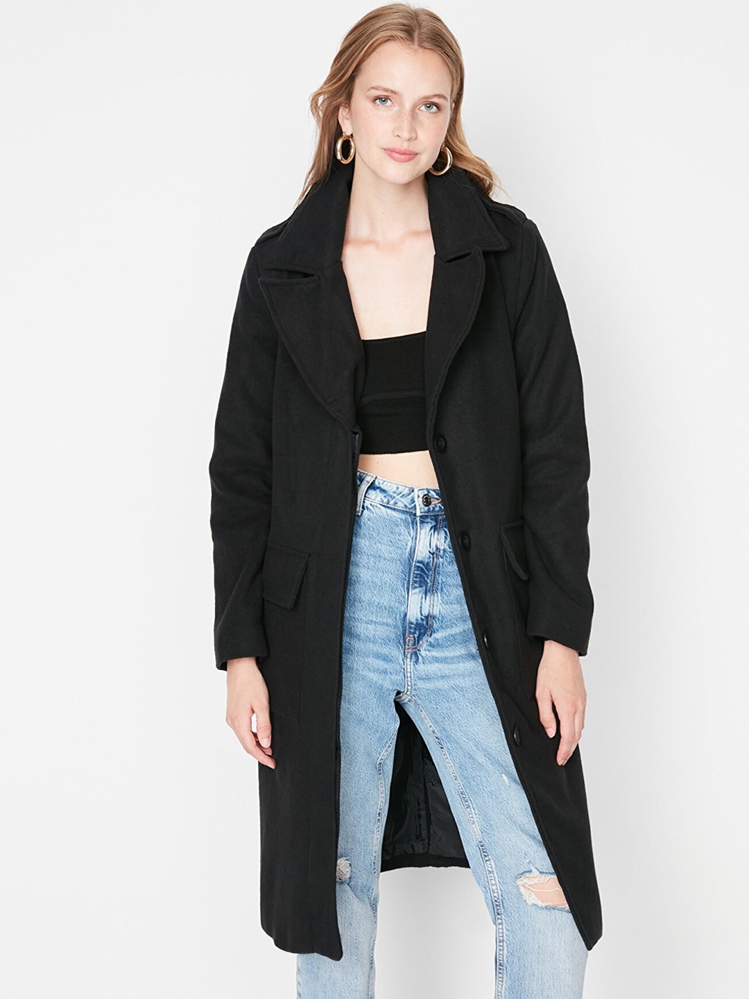 

Trendyol Women Black Solid Knee Length Overcoat Coats