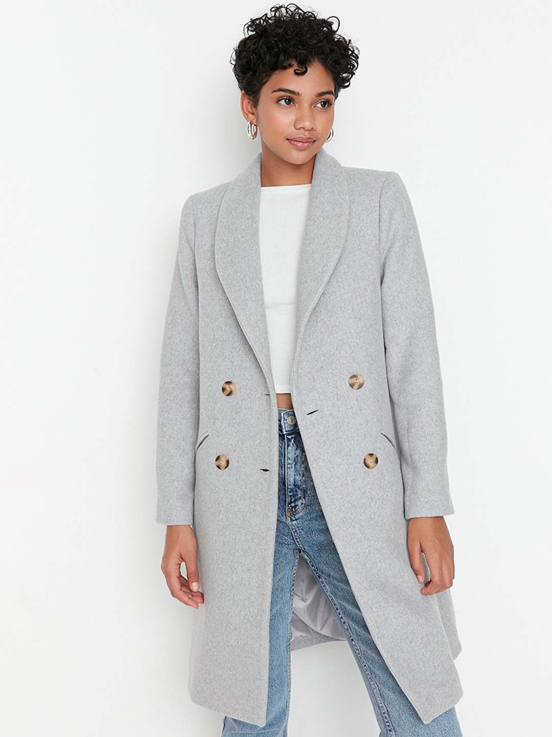 

Trendyol Women Grey Solid Trench Coat