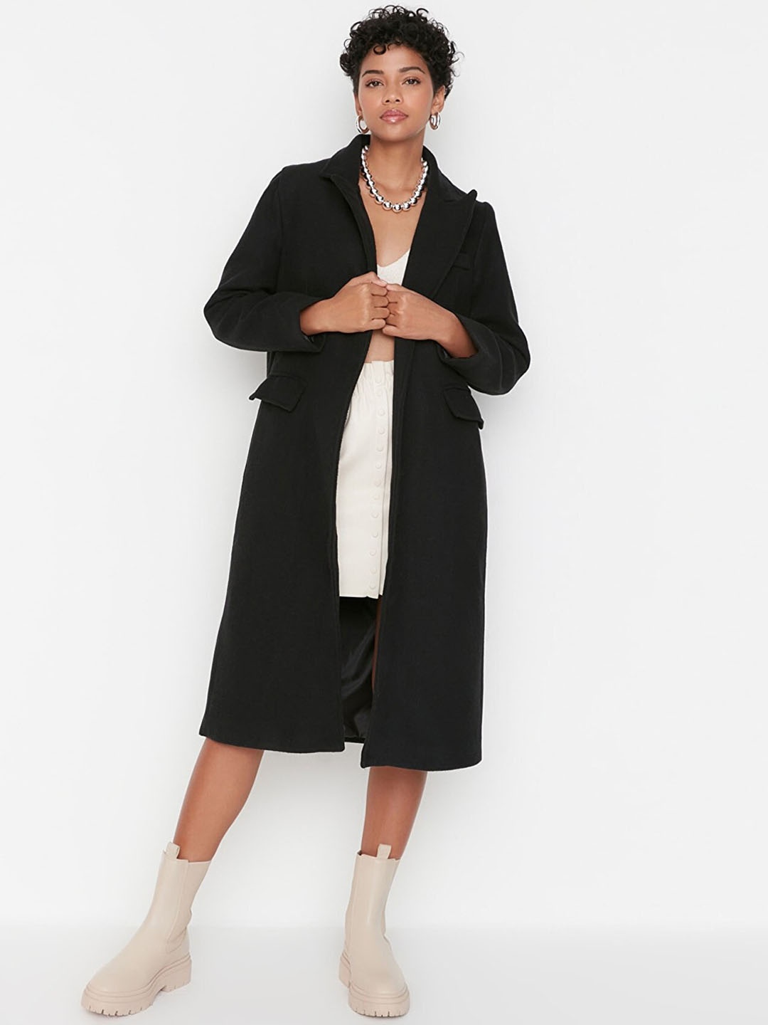 

Trendyol Women Black Solid Acrylic Overcoat
