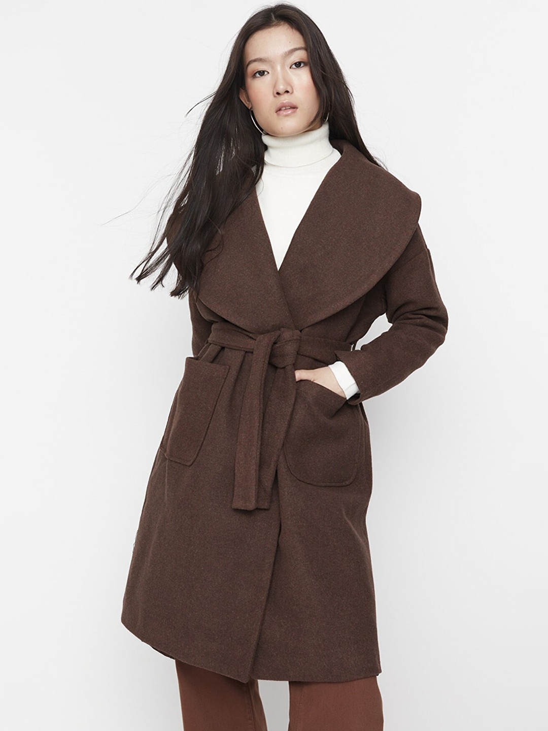 

Trendyol Women Brown Solid Longline Over Coat