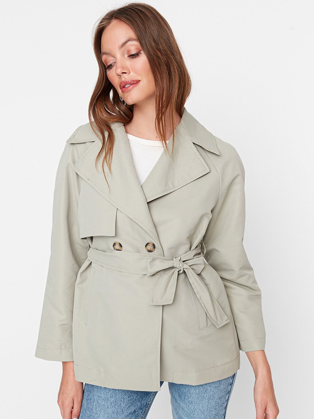 

Trendyol Women Green Solid Warp Coat