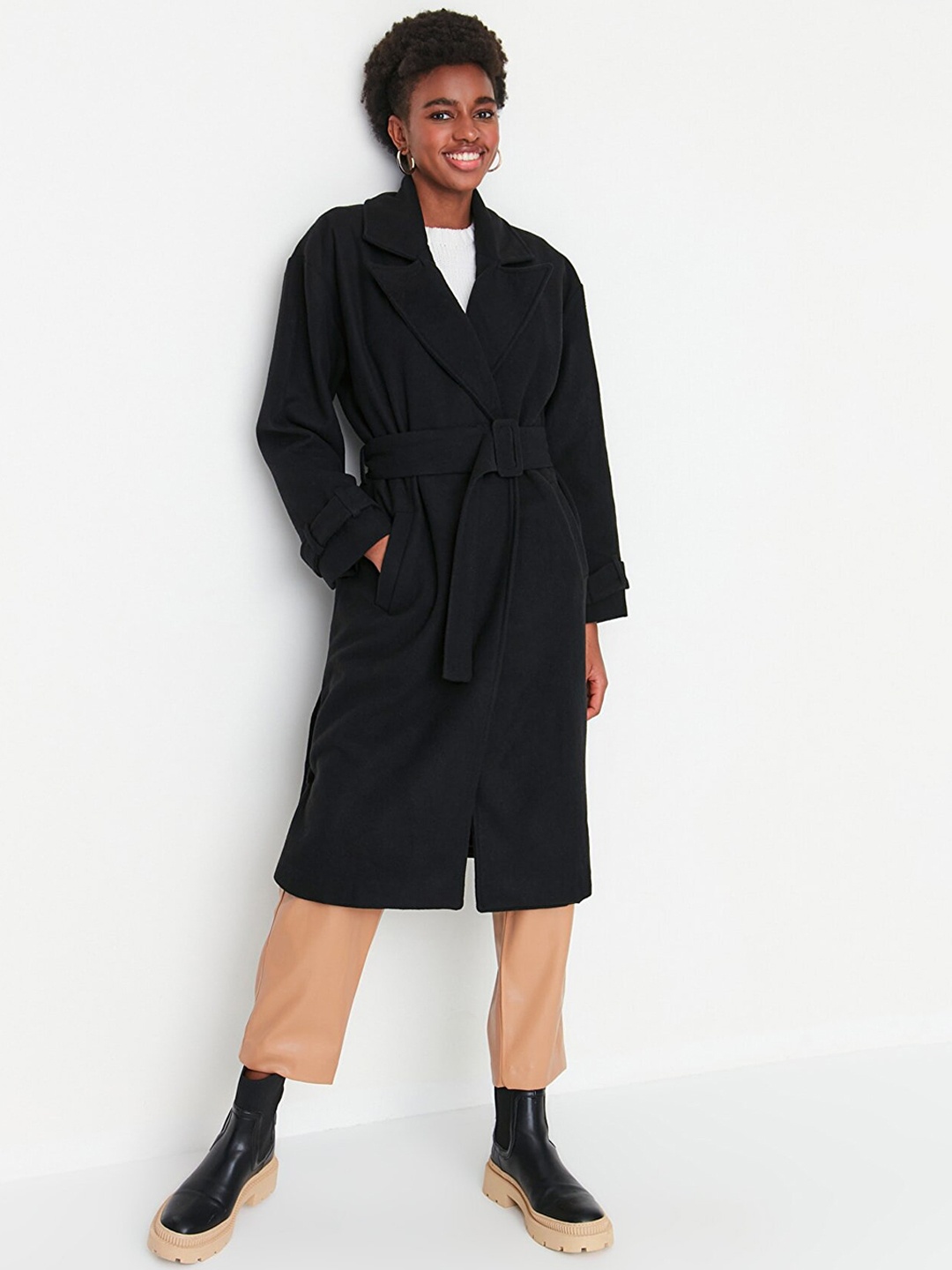 

Trendyol Women Black Solid Longline Overcoat