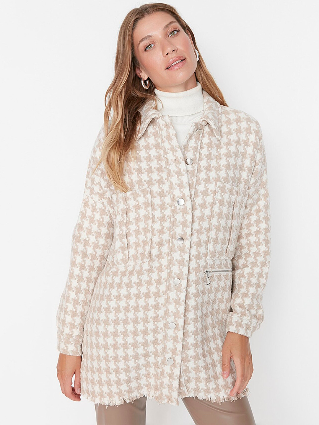 

Trendyol Women Camel Brown Self Design Overcoat