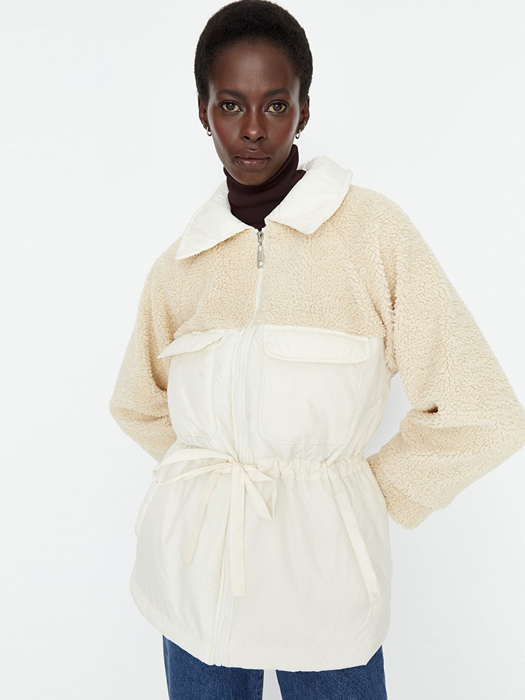 

Trendyol Women Off White Solid Polyester Overcoat