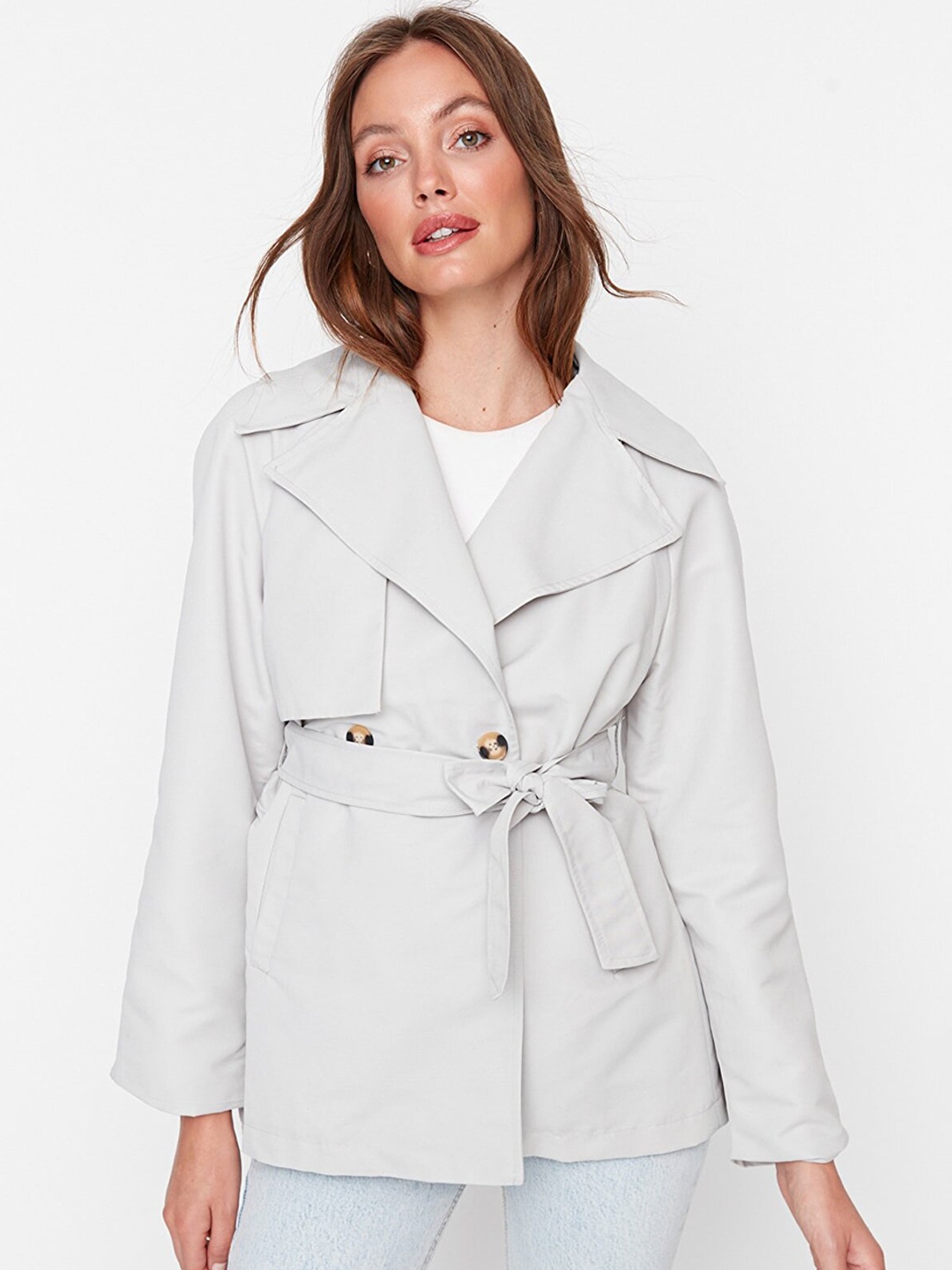 

Trendyol Women Grey Solid Regular Duster Coat