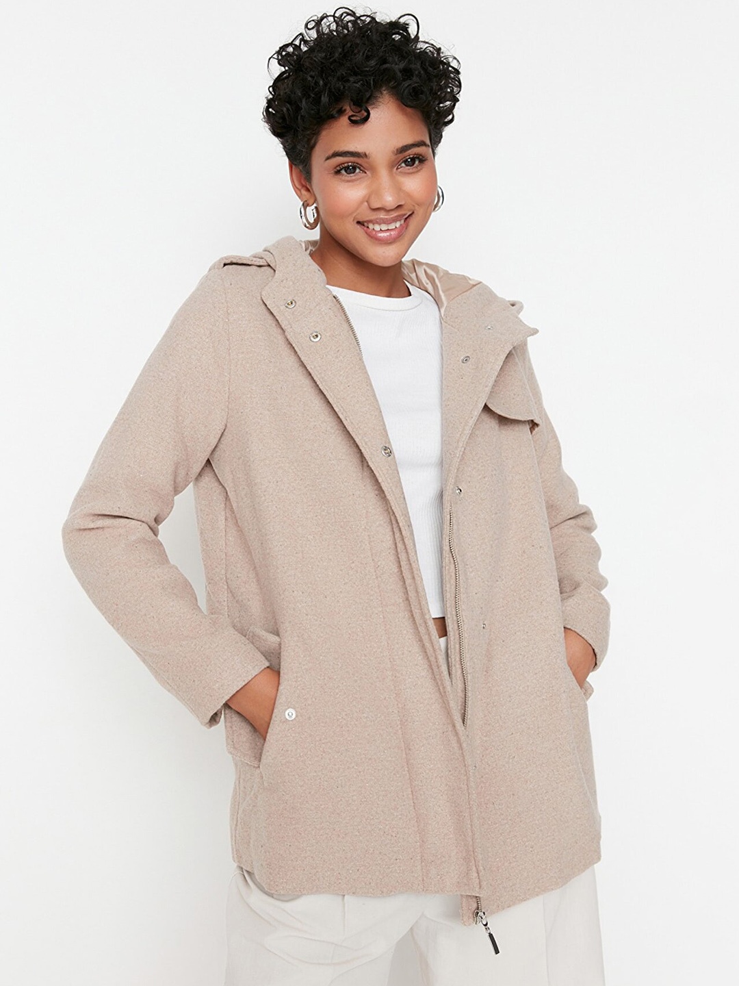 

Trendyol Women Beige Solid Double-Breasted Over Coat