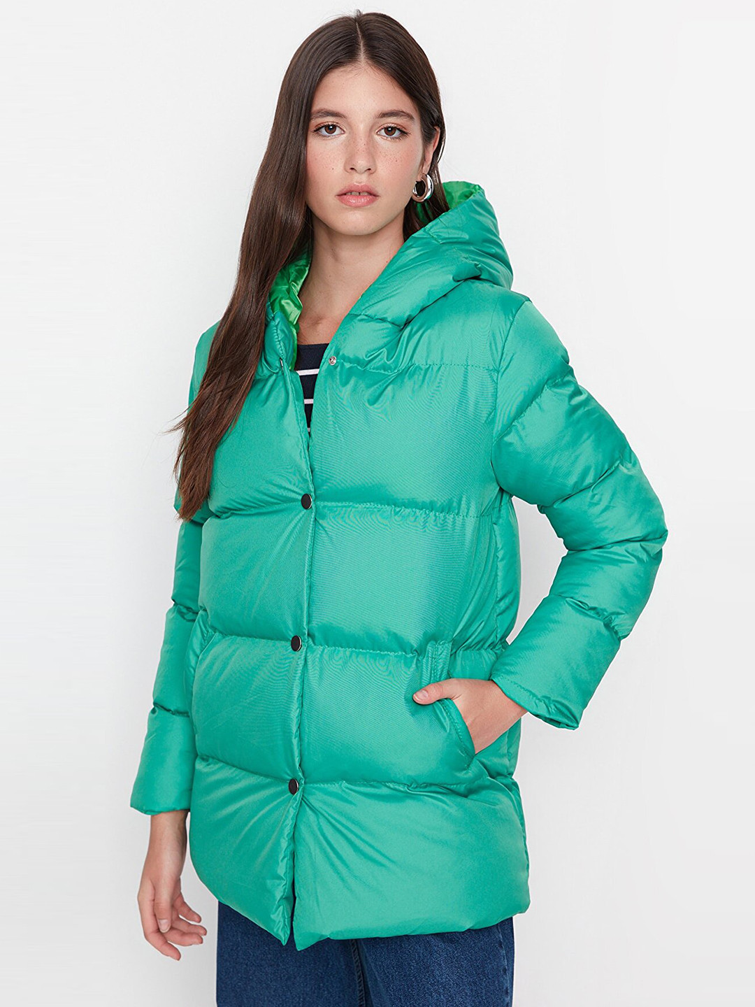 

Trendyol Women Green Longline Padded Hooded Jacket