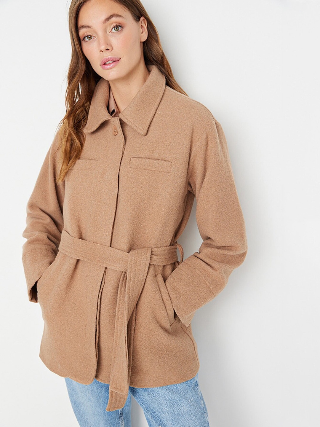 

Trendyol Women Camel Brown Solid Cotton Over Coat