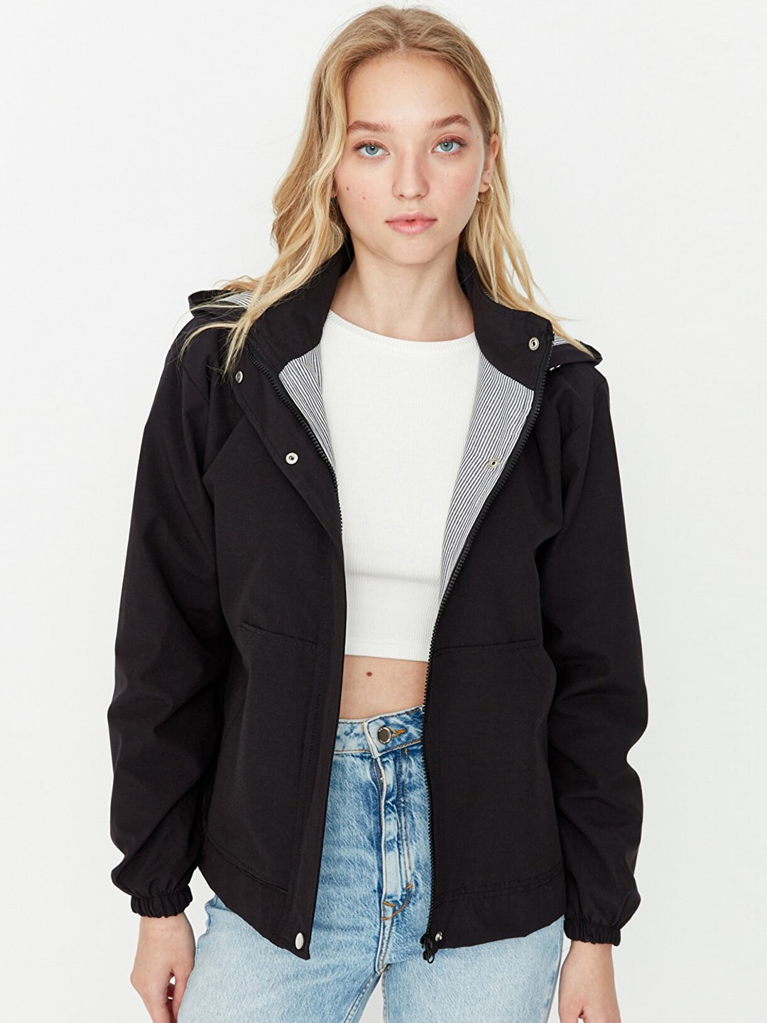 

Trendyol Women Black Solid Double-Breasted Overcoat