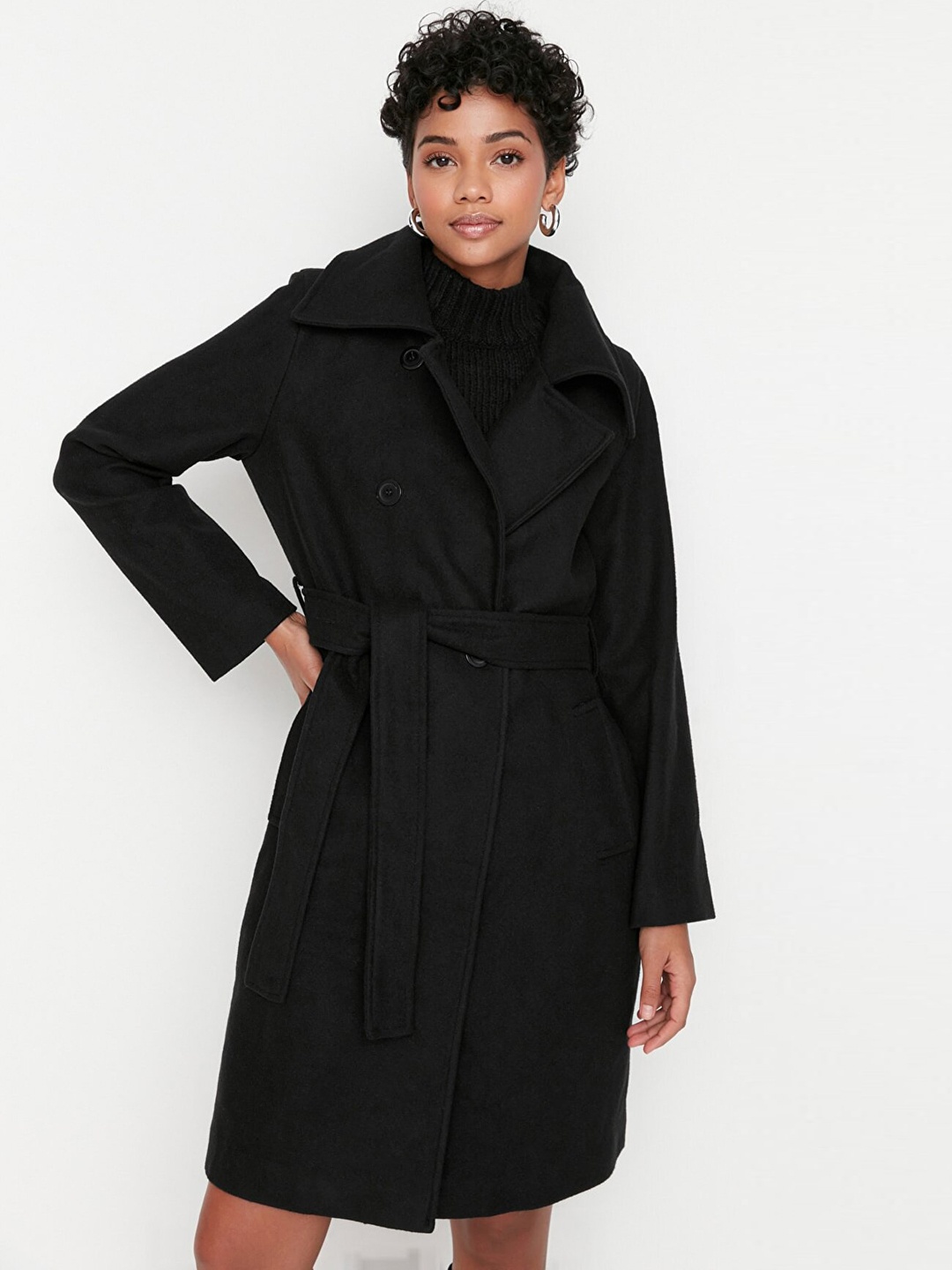 

Trendyol Women Black Solid Double-Breasted Trench Coat