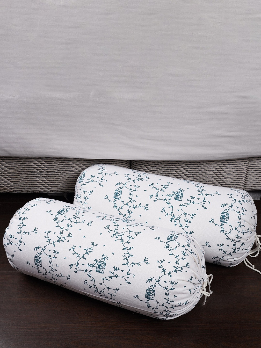 

HOMEMONDE Set Of 2 Green & White Printed Cotton Bolster Covers