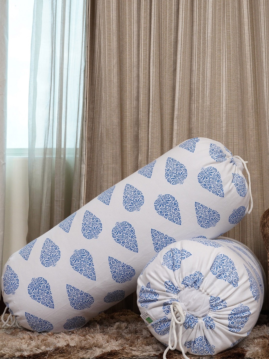 

HOMEMONDE Set Of 2 Blue Floral-Printed Cotton Bolster Covers