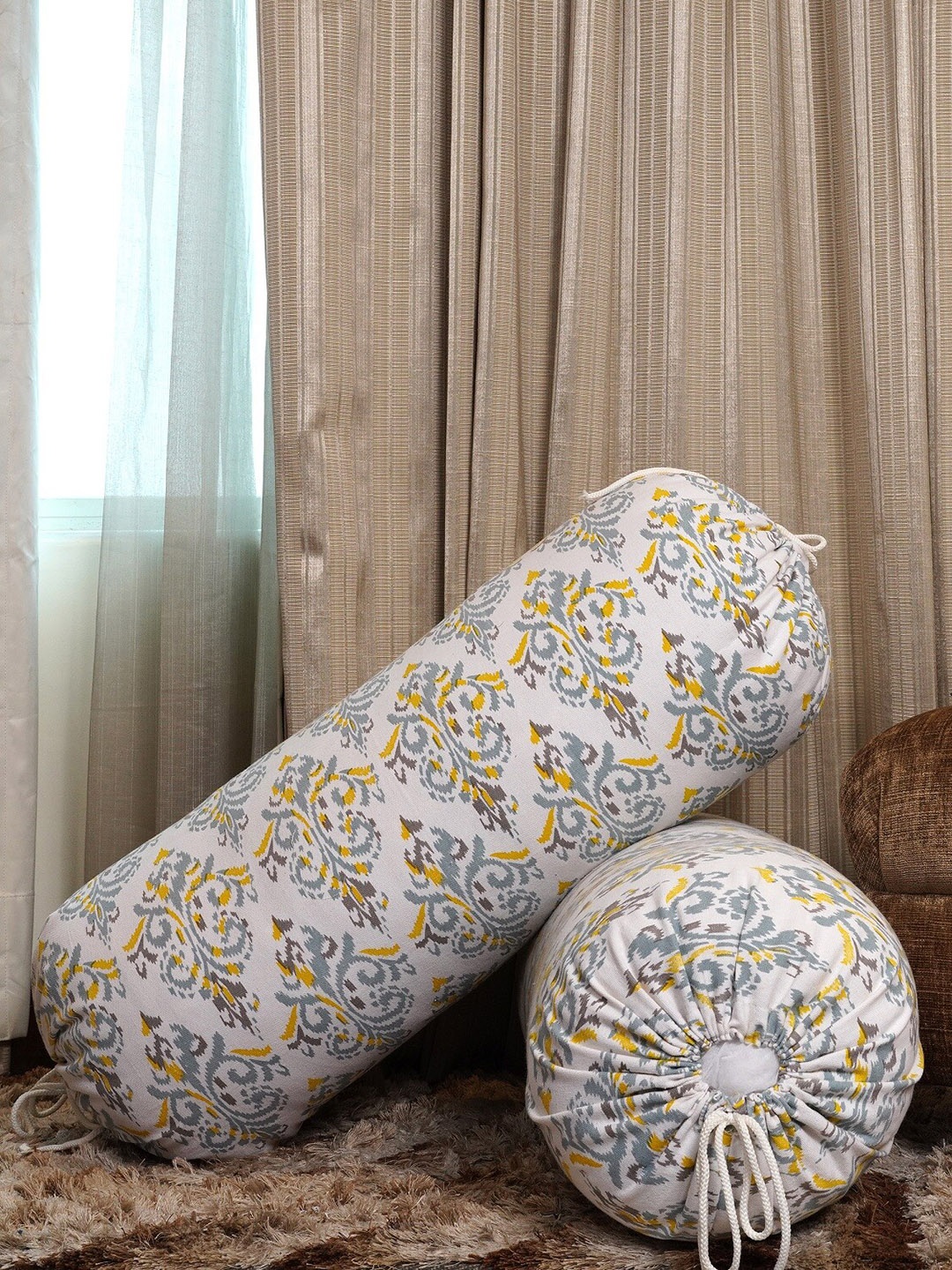 

HOMEMONDE Yellow & White 2 Pcs Printed Ikat Cotton Bolster Covers