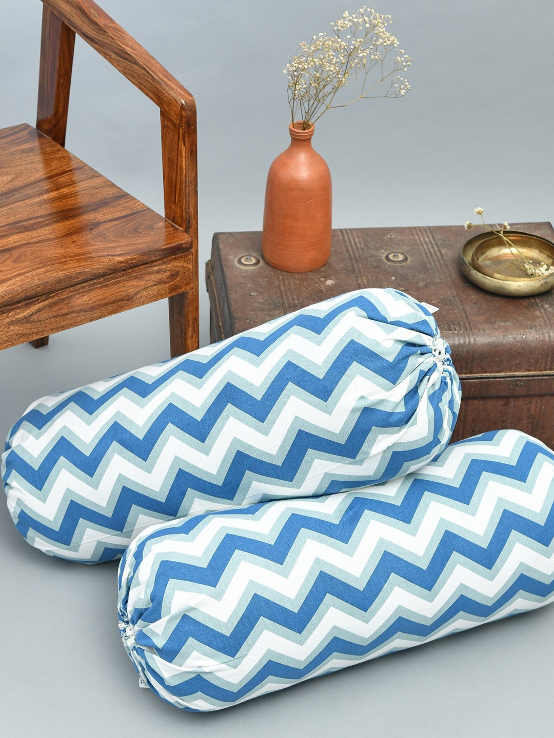 

HOMEMONDE Set Of 2 Blue & White Chevron Printed Cotton Bolster Covers