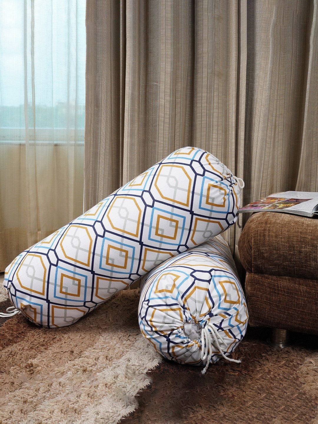 HOMEMONDE Set Of 2 White Printed Cotton Bolster Covers