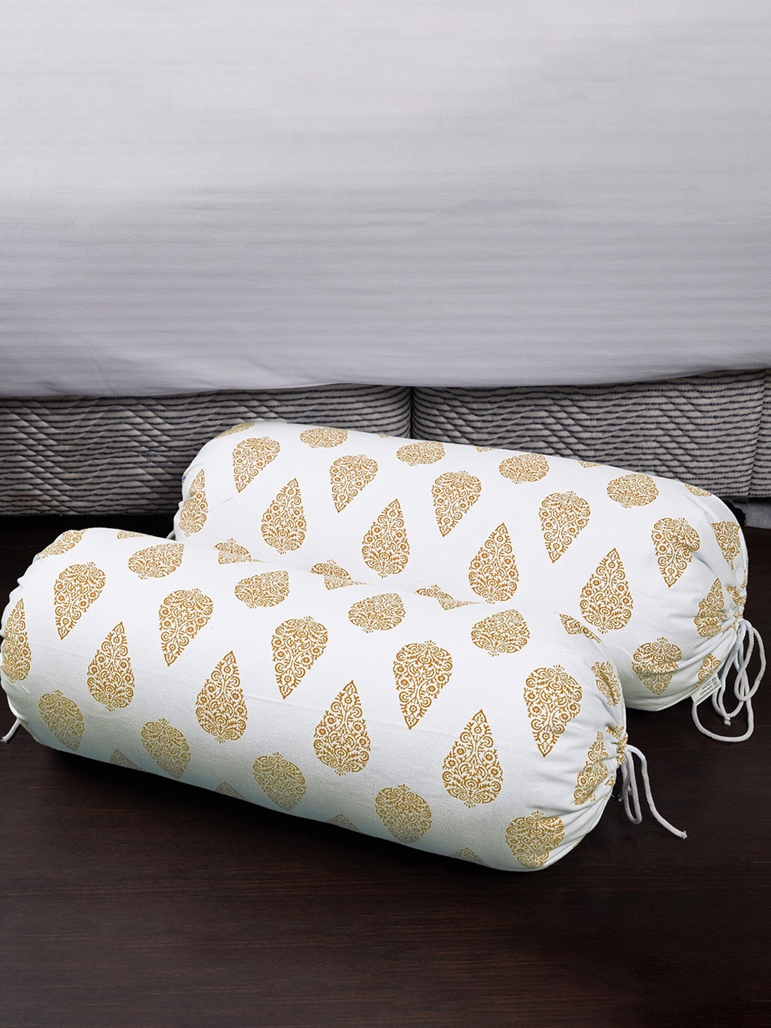 

HOMEMONDE Set Of 2 Yellow & White Printed Cotton Bolster Covers