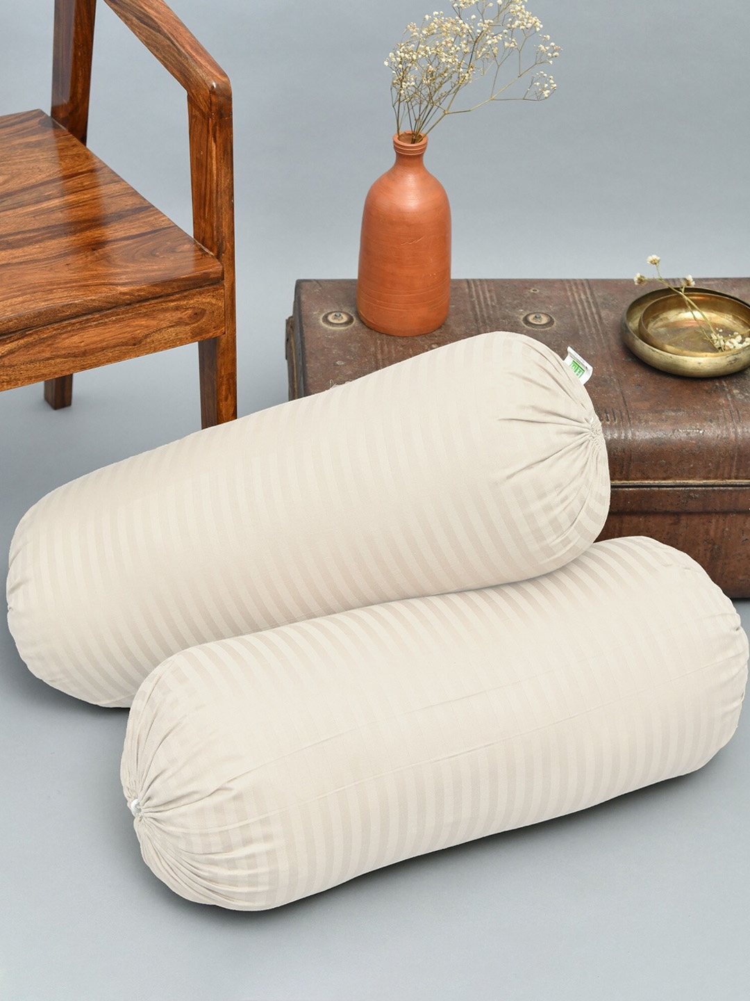

HOMEMONDE Set Of 2 White Striped Cotton Bolster Covers