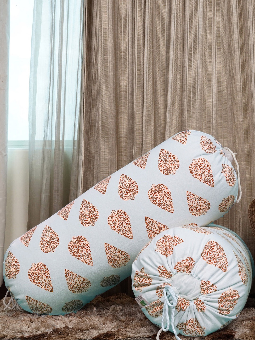 

HOMEMONDE Set Of 2 Printed Orange Coloured & White Cotton Bolster Covers