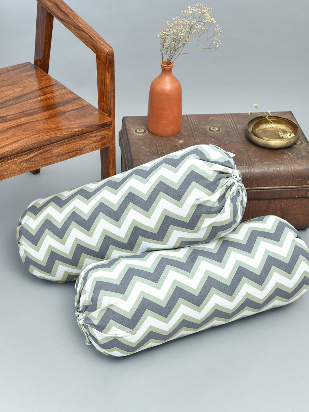 

HOMEMONDE Set of 2 Grey Chevron Cotton Bolster Covers