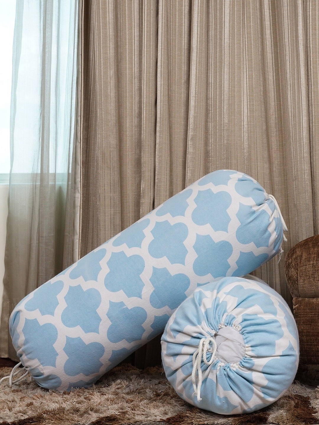 

HOMEMONDE Set Of 2 Blue Self-Design Cotton Bolster Covers