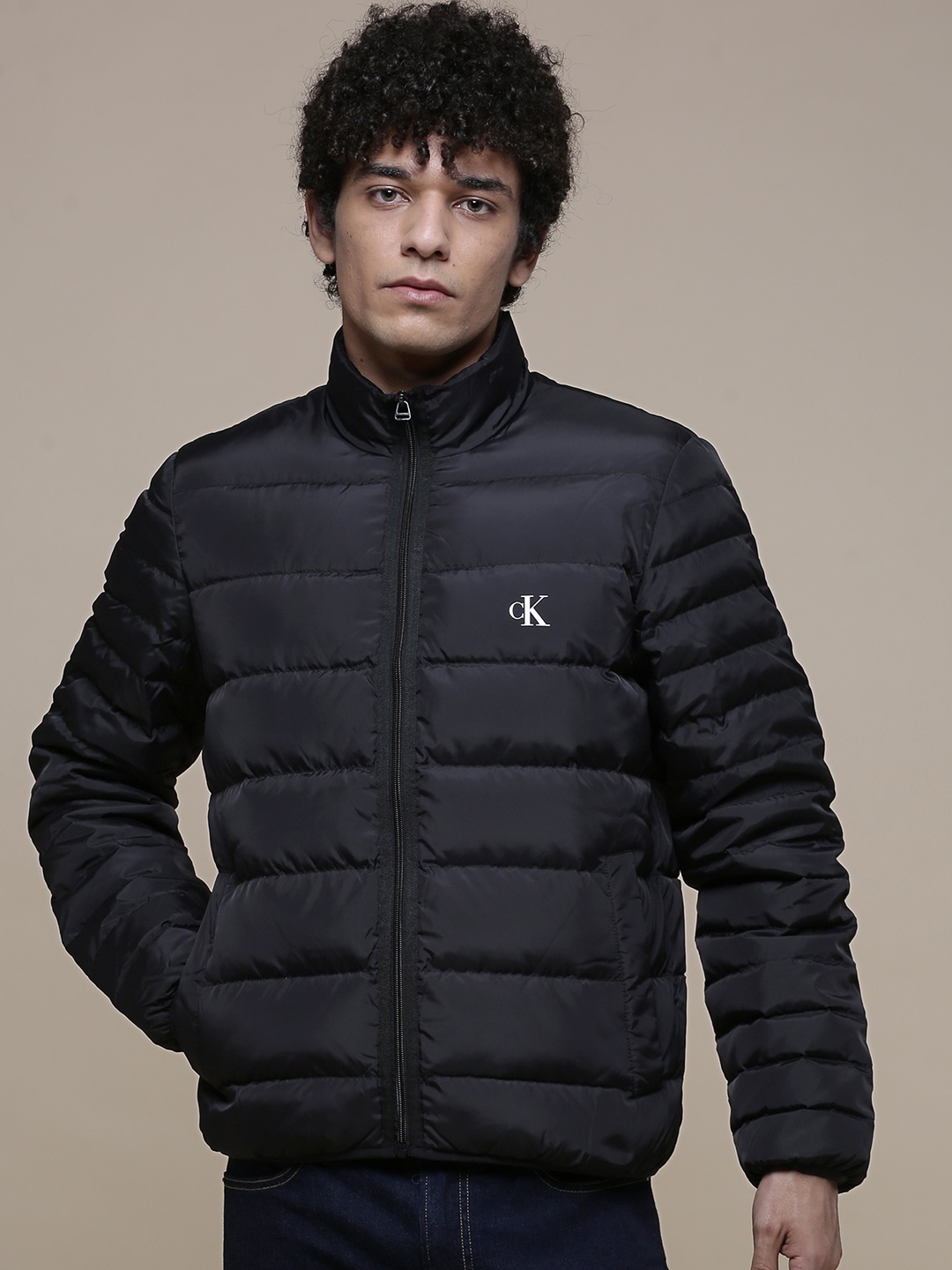 

Calvin Klein Jeans Men Black Padded Jacket with Embroidered Brand Logo Detail