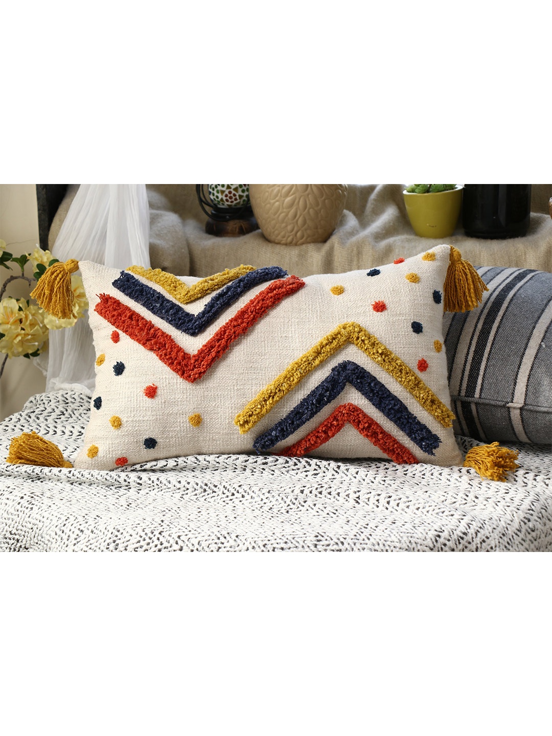 

HERE&NOW Off White & Yellow Embroidered Rectangle Cushion Covers