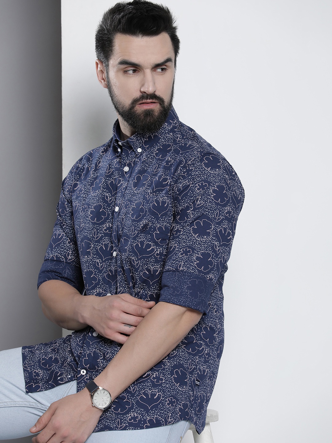 

Nautica Men Slim Fit Floral Opaque Printed Casual Shirt, Navy blue