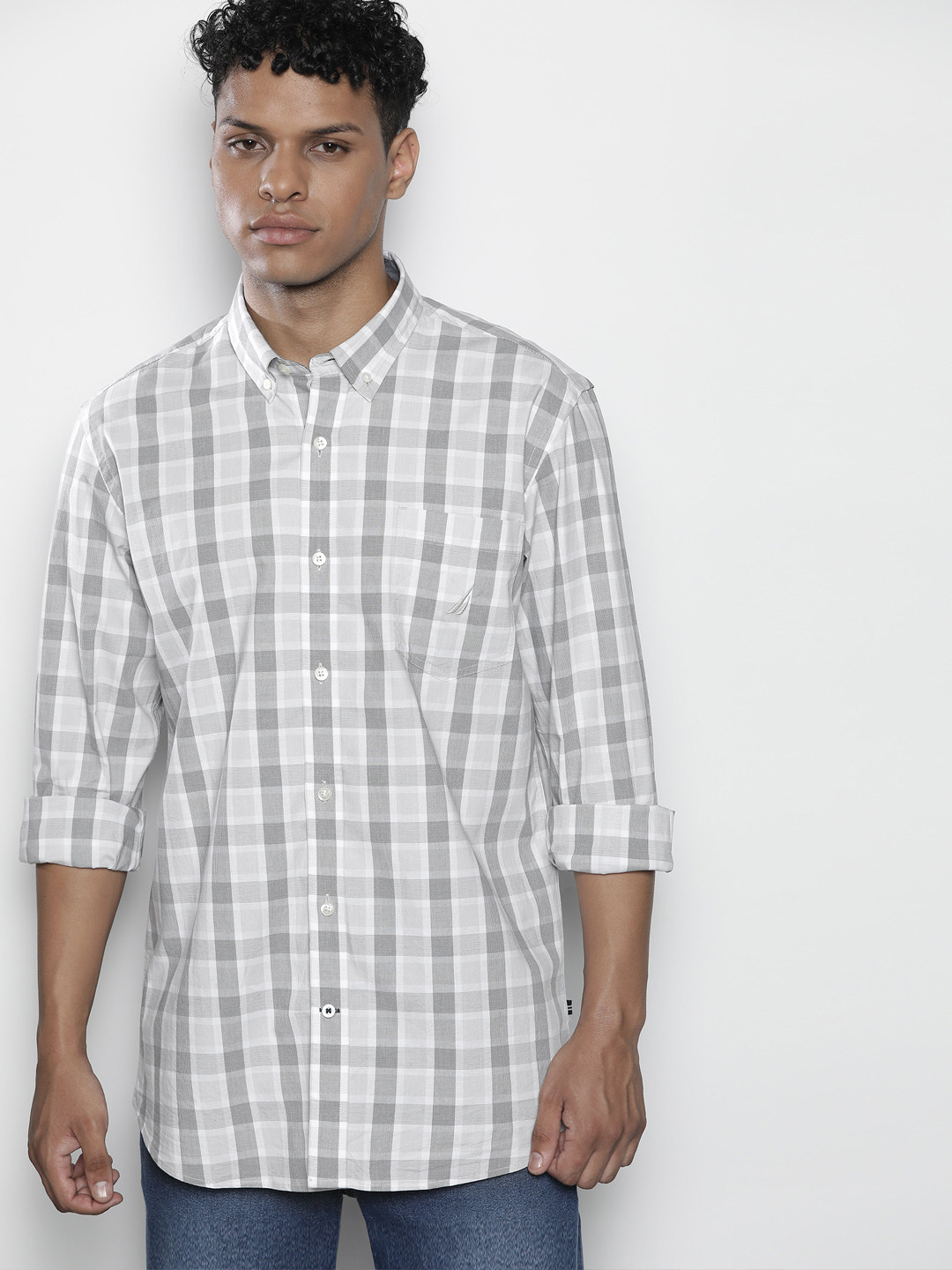 

Nautica Slim Fit Opaque Plaid Checked Casual Shirt, Grey