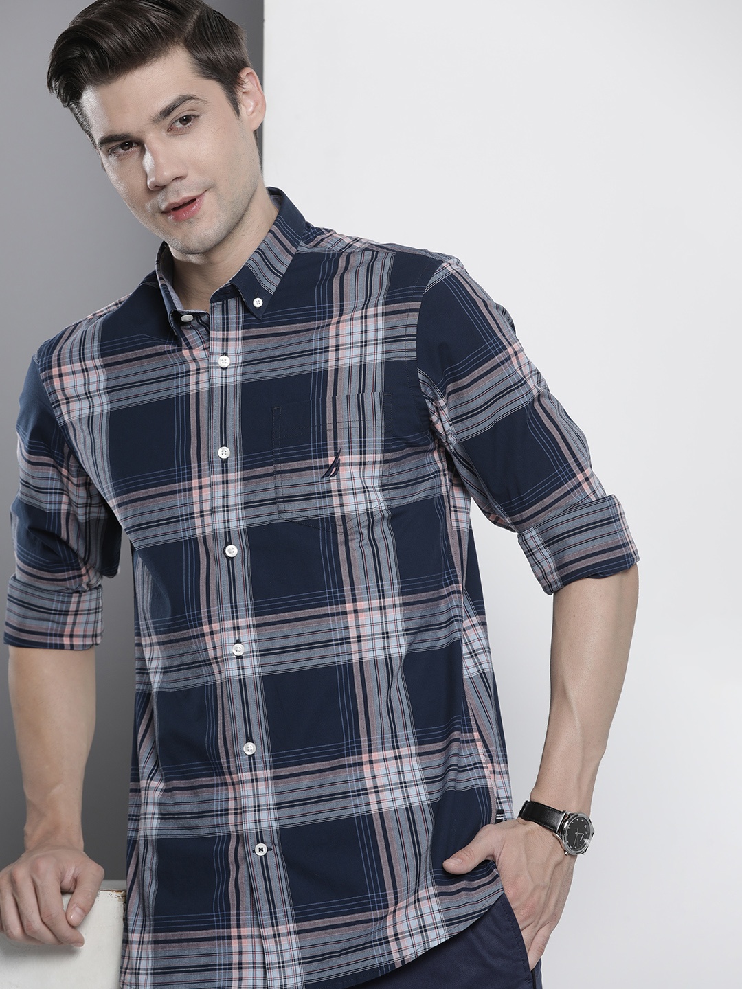 

Nautica Slim Fit Checked Casual Shirt, Navy blue